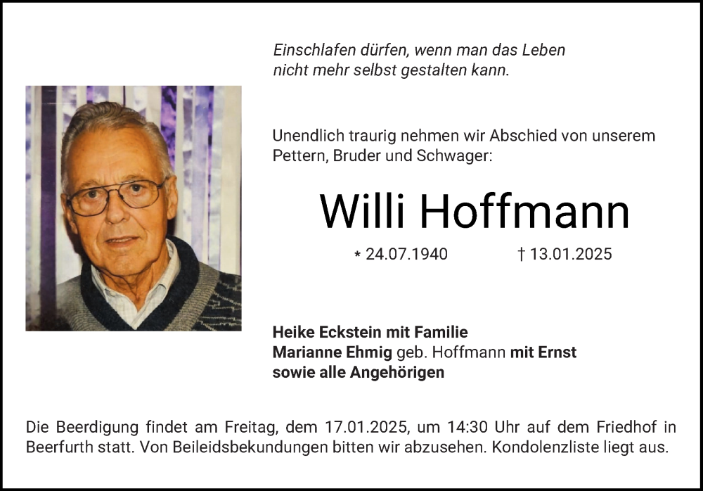 Traueranzeige für Willi Hoffmann vom 16.01.2025 aus Bergsträßer Anzeiger
