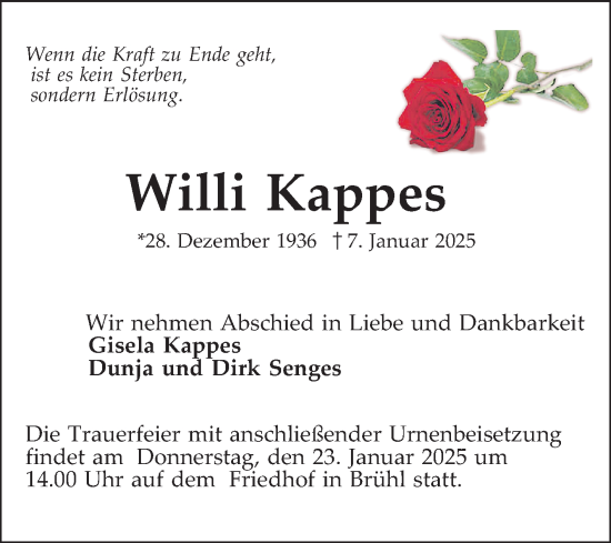 Traueranzeige von Willi Kappes von Schwetzinger Zeitung