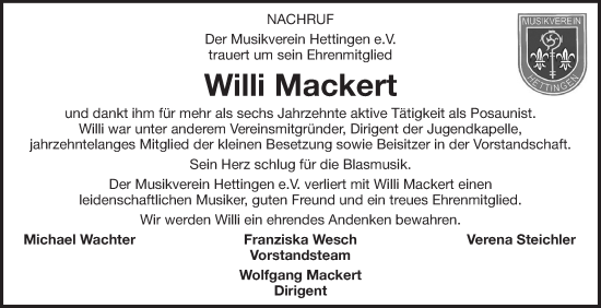 Traueranzeige von Willi Mackert von Fränkische Nachrichten