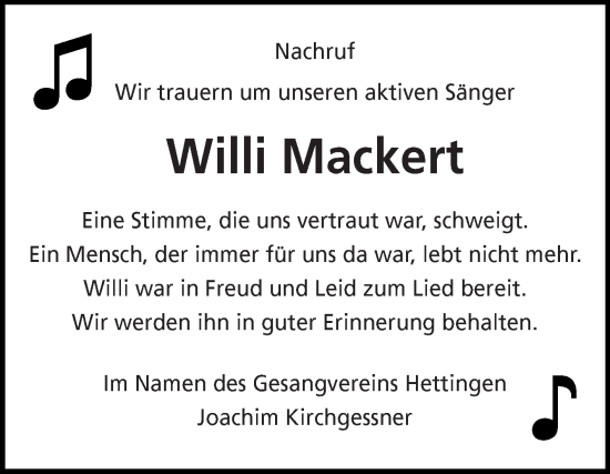 Traueranzeige von Willi Mackert von Fränkische Nachrichten