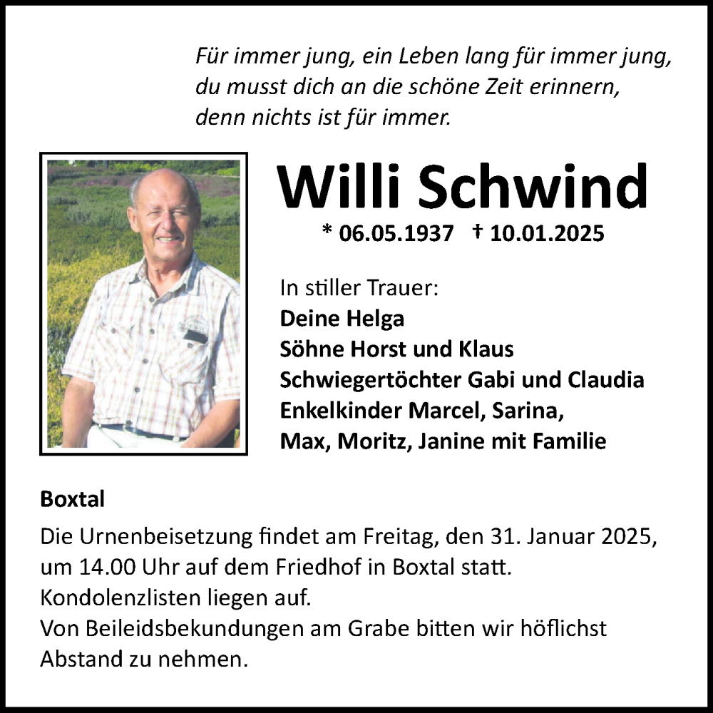  Traueranzeige für Willi Schwind vom 25.01.2025 aus Fränkische Nachrichten