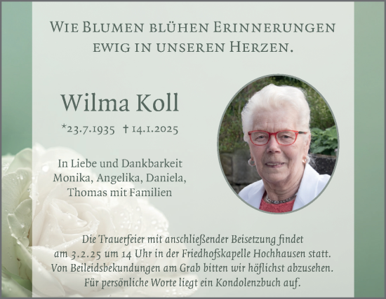 Traueranzeige von Wilma Koll von Fränkische Nachrichten