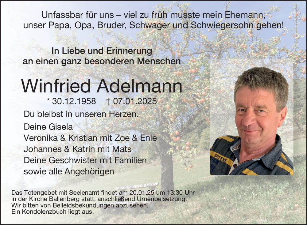  Traueranzeige für Winfried Adelmann vom 13.01.2025 aus Fränkische Nachrichten