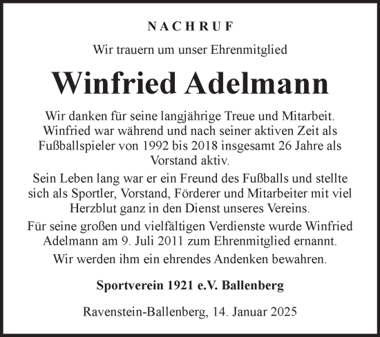 Traueranzeige von Winfried Adelmann von Fränkische Nachrichten