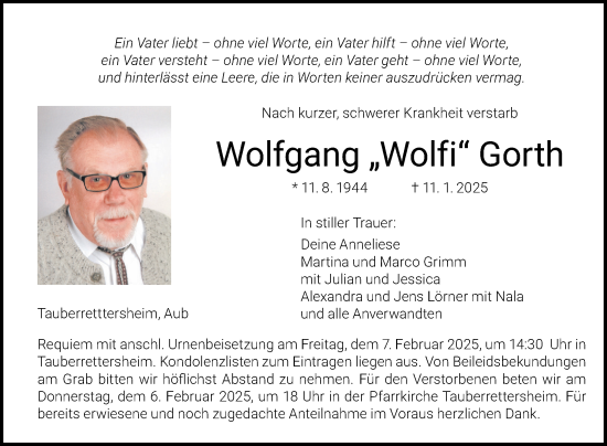 Traueranzeige von Wolfgang Gorth von Fränkische Nachrichten