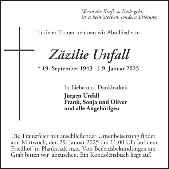 Traueranzeige von Zäzilie Unfall von Schwetzinger Zeitung