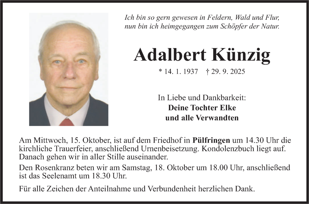  Traueranzeige für Adalbert Künzig vom 10.10.2025 aus Fränkische Nachrichten
