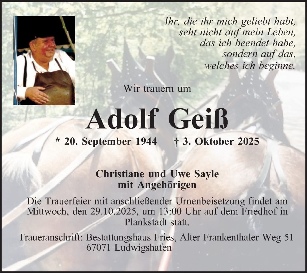  Traueranzeige für Adolf Geiß vom 22.10.2025 aus Schwetzinger Zeitung