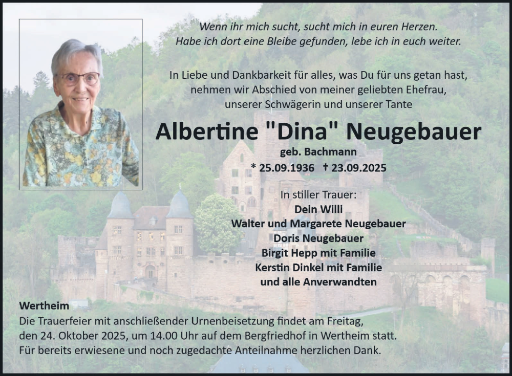  Traueranzeige für Albertine Neugebauer vom 18.10.2025 aus Fränkische Nachrichten