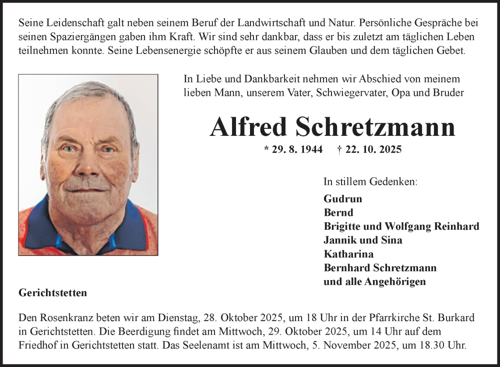  Traueranzeige für Alfred Schretzmann vom 24.10.2025 aus Fränkische Nachrichten