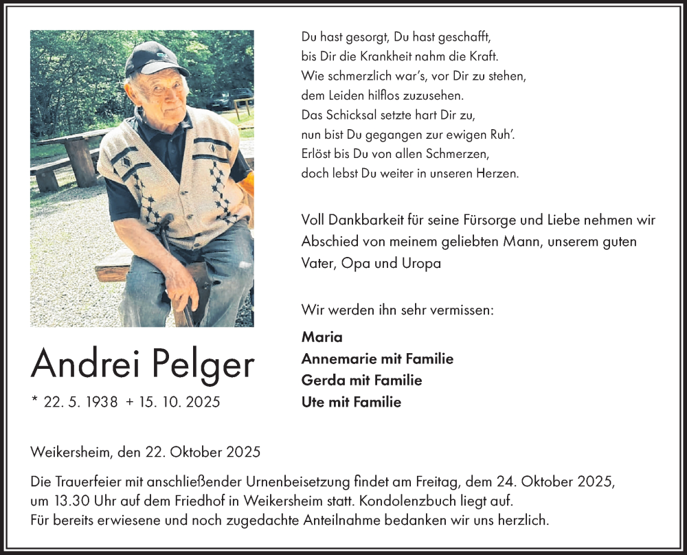  Traueranzeige für Andrei Pelger vom 22.10.2025 aus Fränkische Nachrichten