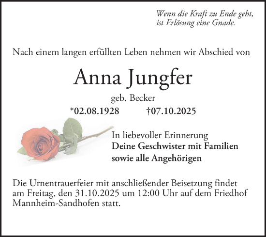 Traueranzeige von Anna Jungfer von Mannheimer Morgen