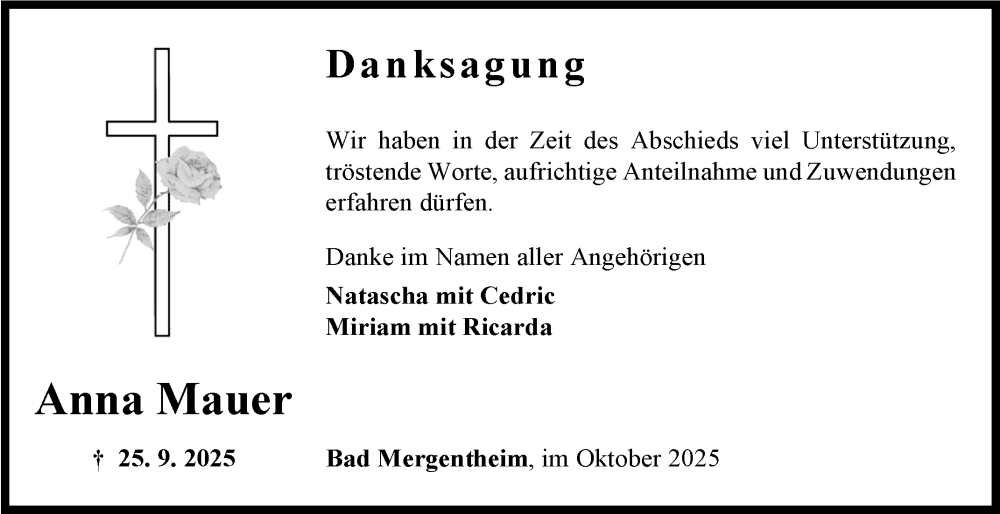  Traueranzeige für Anna Mauer vom 25.10.2025 aus Fränkische Nachrichten