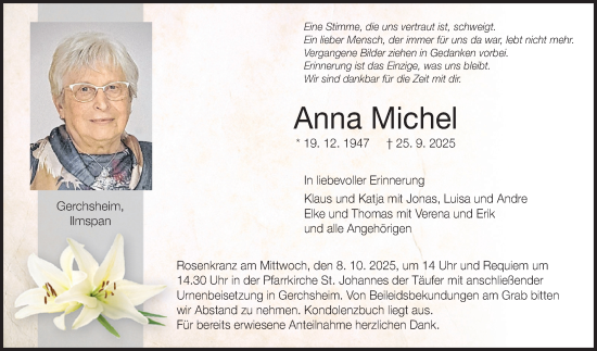 Traueranzeige von Anna Michel von Fränkische Nachrichten