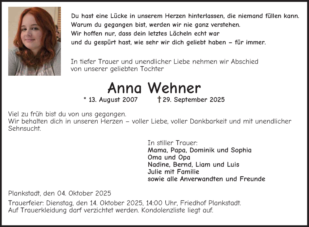  Traueranzeige für Anna Wehner vom 04.10.2025 aus Schwetzinger Zeitung