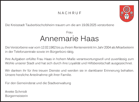 Traueranzeige von Annemarie Haas von Fränkische Nachrichten