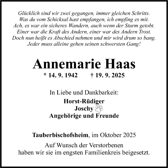 Traueranzeige von Annemarie Haas von Fränkische Nachrichten