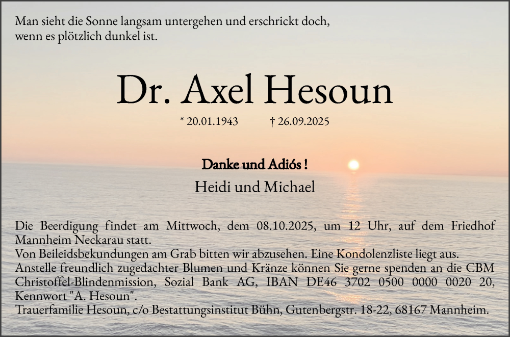  Traueranzeige für Axel Hesoun vom 04.10.2025 aus Mannheimer Morgen