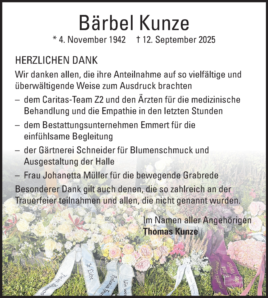  Traueranzeige für Bärbel Kunze vom 30.10.2025 aus Fränkische Nachrichten
