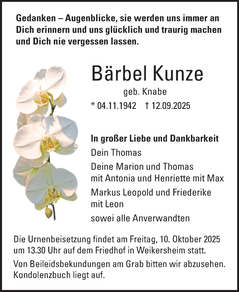  Traueranzeige für Bärbel Kunze vom 08.10.2025 aus Fränkische Nachrichten