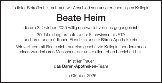 Traueranzeige von Beate Heim von Fränkische Nachrichten