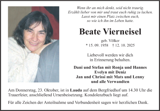 Traueranzeige von Beate Vierneisel von Fränkische Nachrichten
