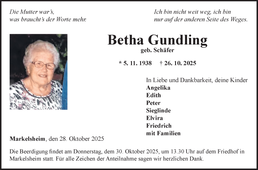  Traueranzeige für Bertha Gundling vom 28.10.2025 aus Fränkische Nachrichten