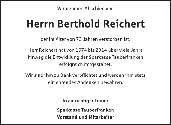 Traueranzeige von Berthold Reichert von Fränkische Nachrichten