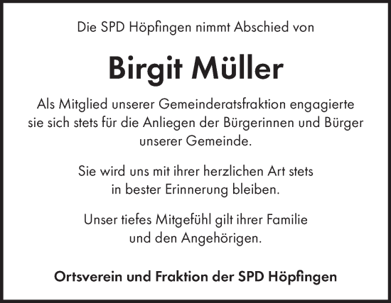 Traueranzeige von Birgit Müller von Fränkische Nachrichten