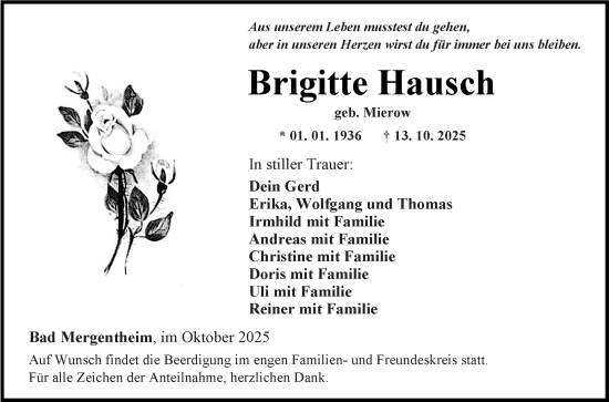 Traueranzeige von Brigitte Hausch von Fränkische Nachrichten