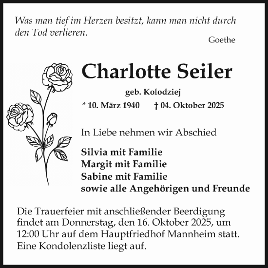 Traueranzeige von Charlotte Seiler von Mannheimer Morgen