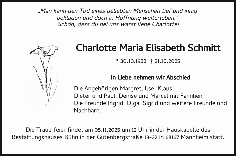  Traueranzeige für Charlotte Maria Elisabeth Schmitt vom 25.10.2025 aus Mannheimer Morgen