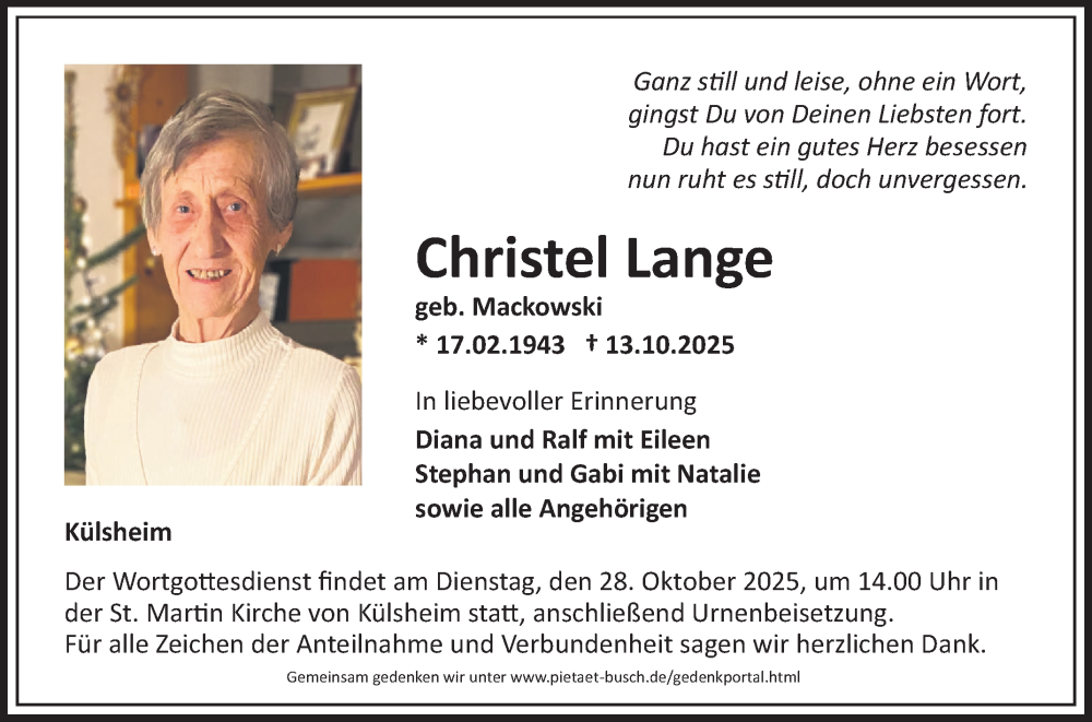 Traueranzeige für Christel Lange vom 25.10.2025 aus Fränkische Nachrichten
