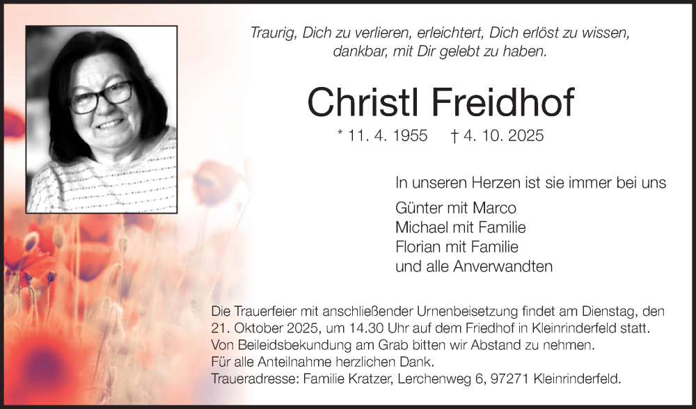  Traueranzeige für Christl Freidhof vom 18.10.2025 aus Fränkische Nachrichten