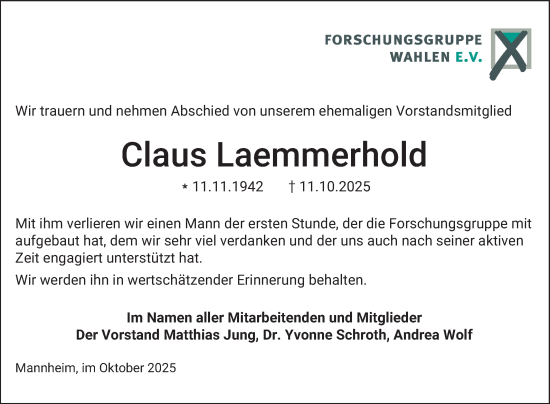 Traueranzeige von Claus Laemmerhold von Mannheimer Morgen