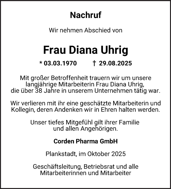 Traueranzeige von Diana Uhrig von Schwetzinger Zeitung