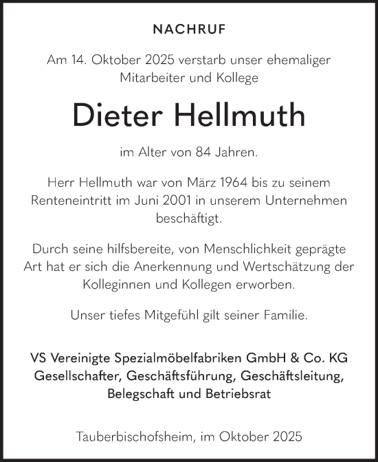 Traueranzeige von Dieter Hellmuth von Fränkische Nachrichten