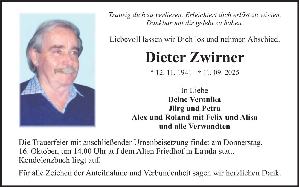  Traueranzeige für Dieter Zwirner vom 11.10.2025 aus Fränkische Nachrichten