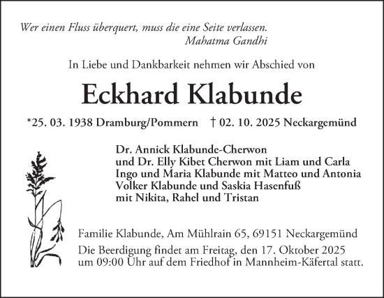 Traueranzeige von Eckhard Klabunde von Mannheimer Morgen