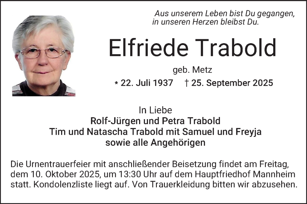  Traueranzeige für Elfriede Trabold vom 04.10.2025 aus Mannheimer Morgen