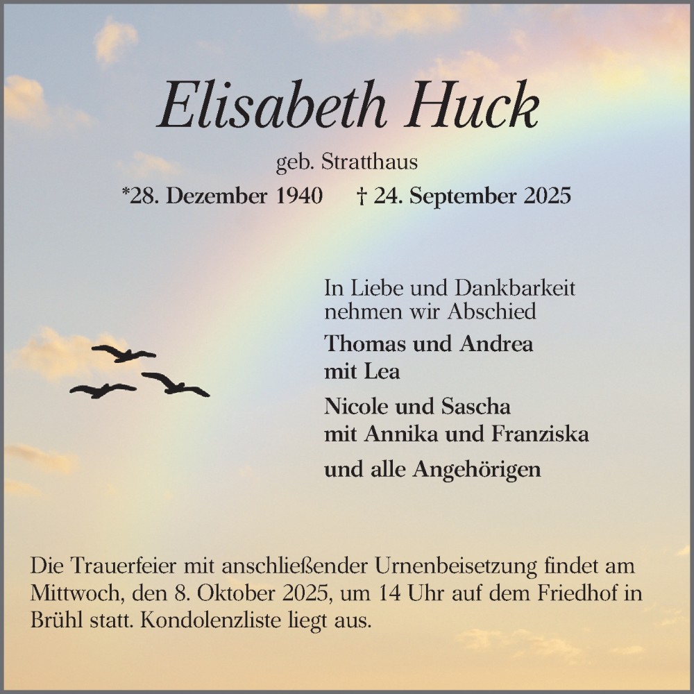  Traueranzeige für Elisabeth Huck vom 04.10.2025 aus Schwetzinger Zeitung