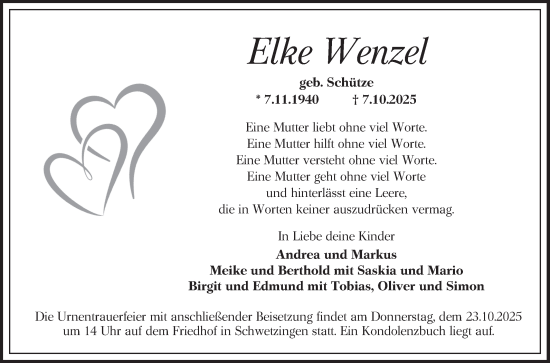 Traueranzeige von Elke Wenzel von Schwetzinger Zeitung