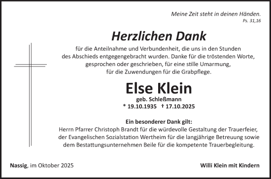 Traueranzeige von Else Klein von Fränkische Nachrichten