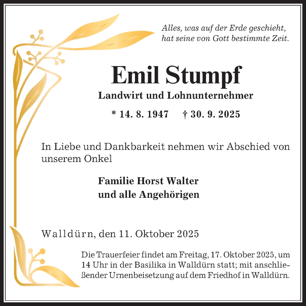  Traueranzeige für Emil Stumpf vom 11.10.2025 aus Fränkische Nachrichten
