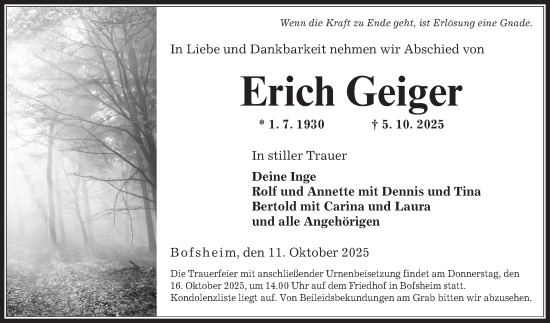 Traueranzeige von Erich Geiger von Fränkische Nachrichten