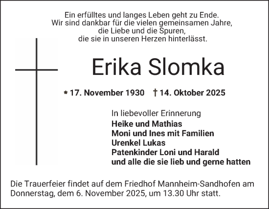 Traueranzeige von Erika Slomka von Mannheimer Morgen