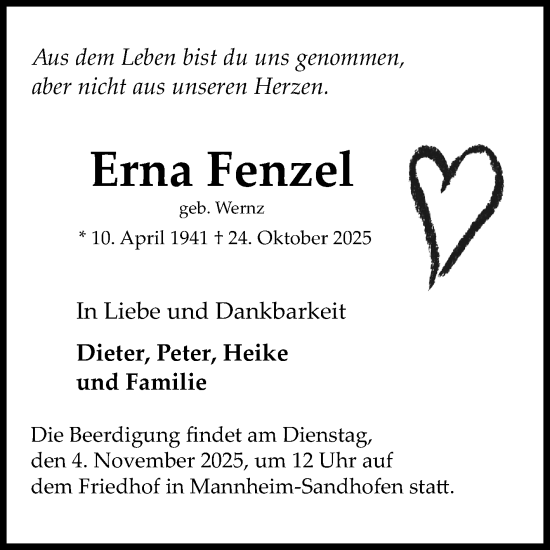 Traueranzeige von Erna Fenzel von Mannheimer Morgen