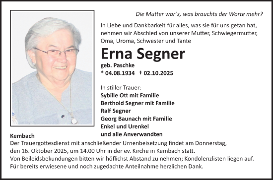 Traueranzeige von Erna Segner von Fränkische Nachrichten