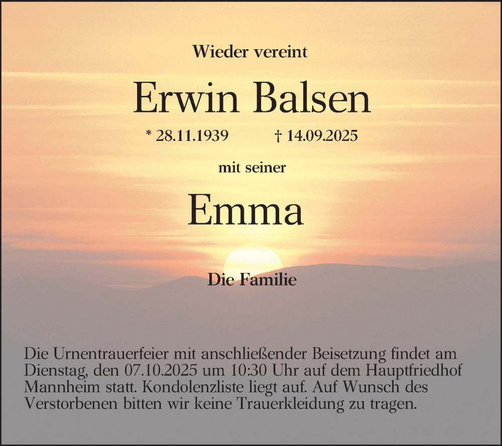  Traueranzeige für Erwin Balsen vom 04.10.2025 aus Mannheimer Morgen