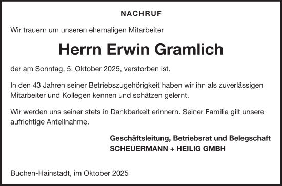 Traueranzeige von Erwin Gramlich von Fränkische Nachrichten